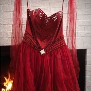 Elegant Red Evening Gown with Rhinestone Details